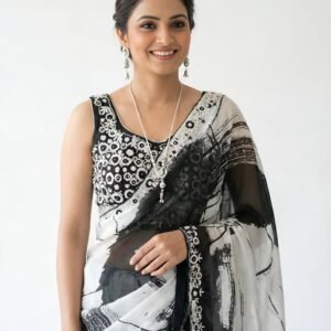 Elegant Black & White Abstract Print Saree